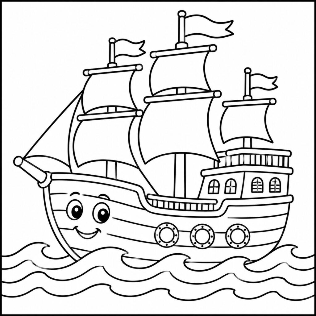 Segelschiff in hohen Wellen – Ausmalbild zum Ausdrucken