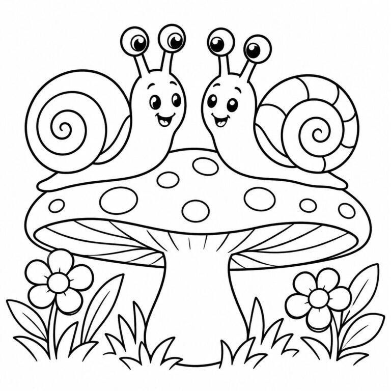 Zwei Schnecken auf einem Pilz – Ausmalbild zum Ausdrucken