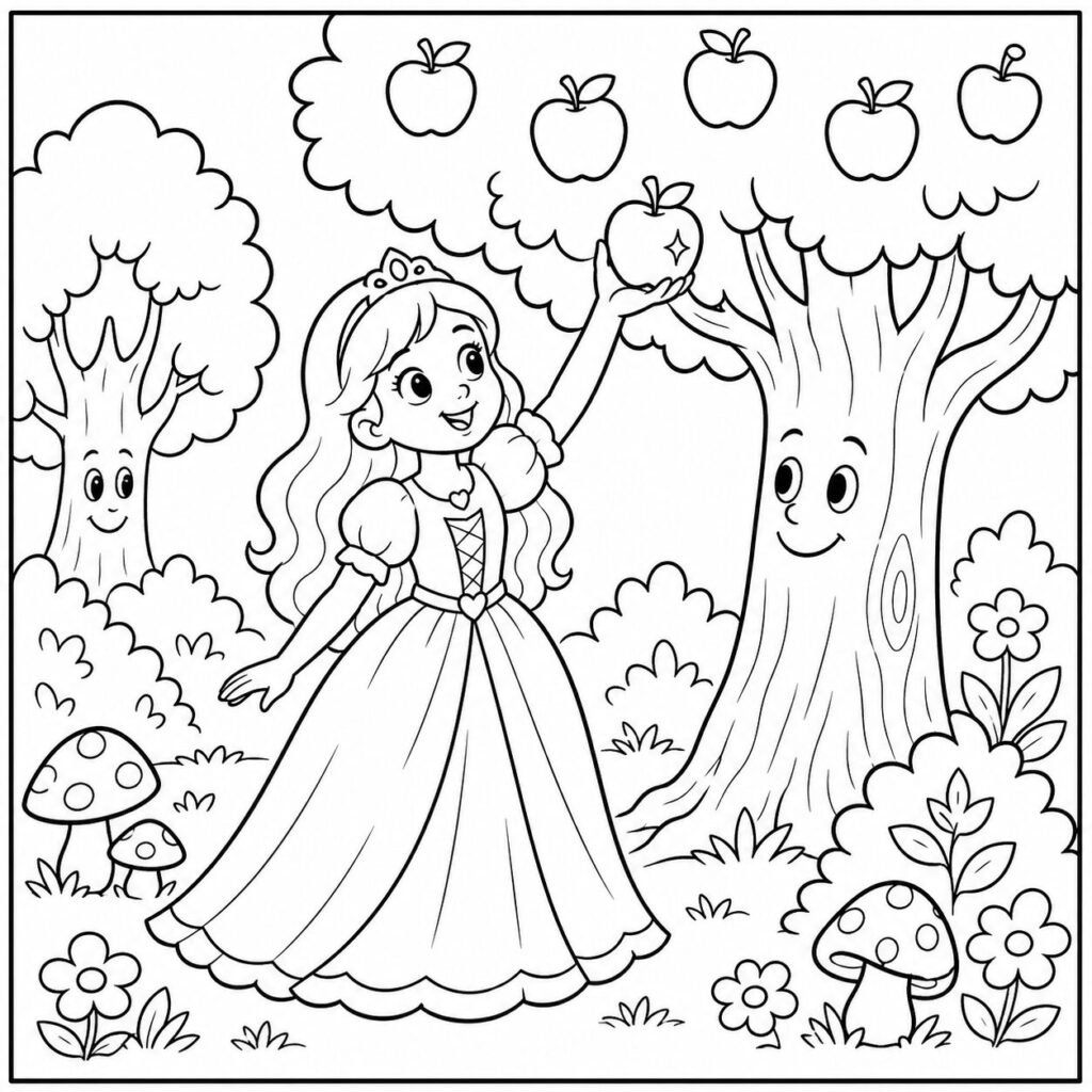 Schneewittchen mit dem Apfel – Ausmalbild zum Ausdrucken