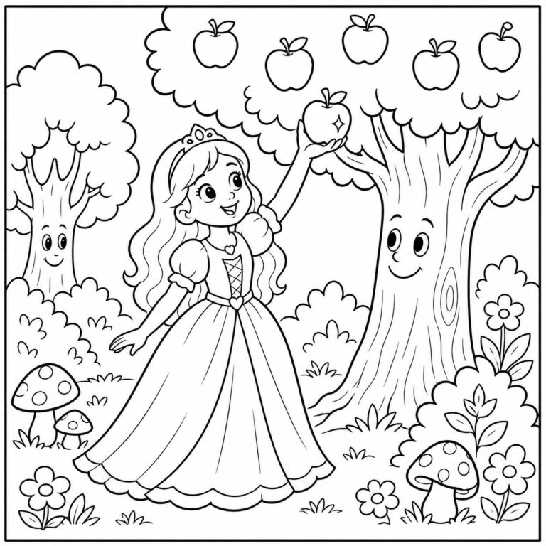 Schneewittchen mit dem Apfel – Ausmalbild zum Ausdrucken