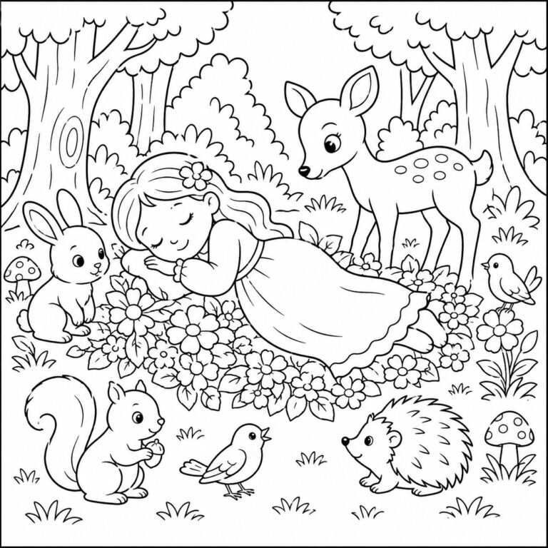 Schlafendes Schneewittchen zwischen Blumen – Ausmalbild zum Ausdrucken