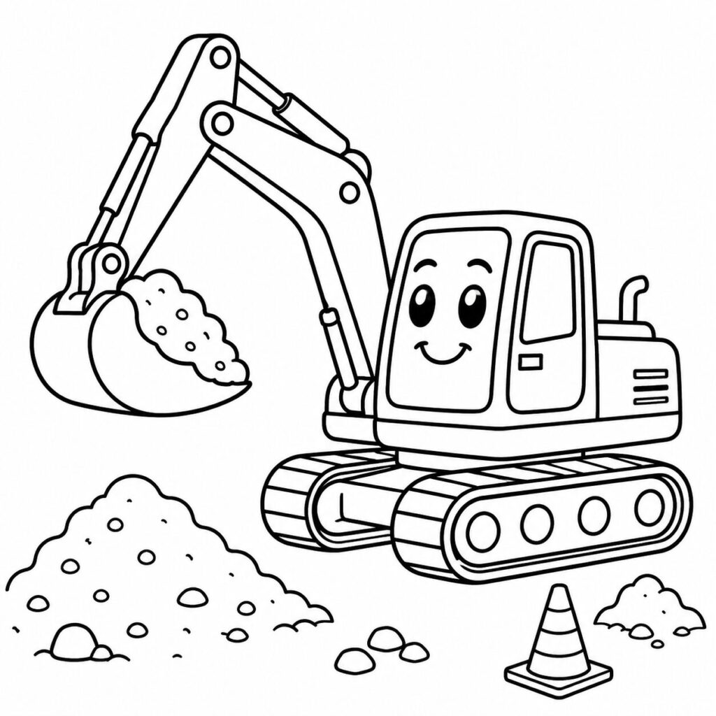 Bagger gräbt auf der Baustelle – Ausmalbild zum Ausdrucken