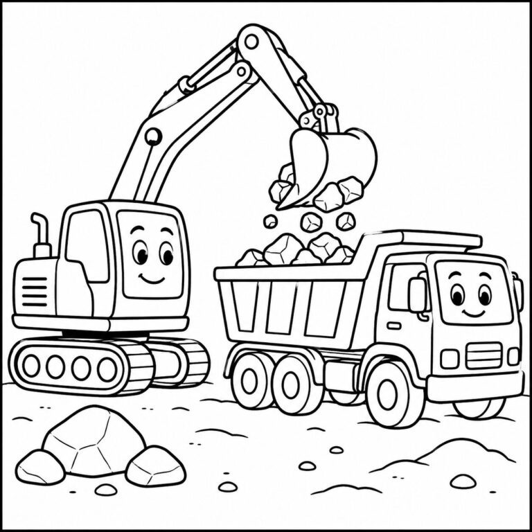 Bagger belädt einen Lastwagen – Ausmalbild zum Ausdrucken