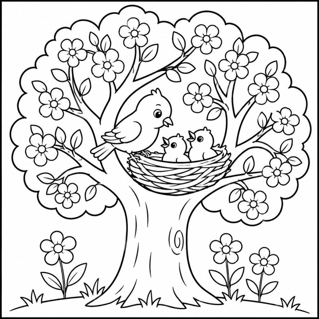 Vogel im blühenden Baum – Ausmalbild zum Ausdrucken