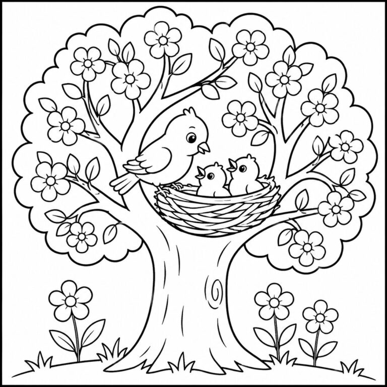 Vogel im blühenden Baum – Ausmalbild zum Ausdrucken