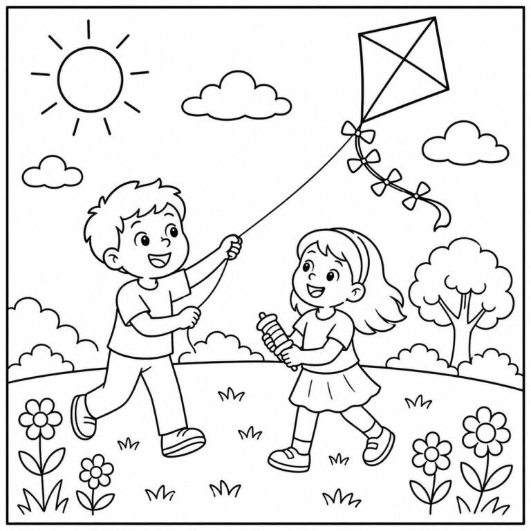 Drachen steigen im Frühling – Ausmalbild zum Ausdrucken
