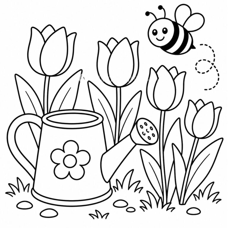 Gießkanne mit Tulpen und Biene – Ausmalbild zum Ausdrucken