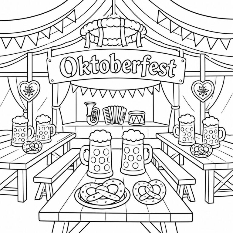 Bierzelt auf dem Oktoberfest – Ausmalbild zum Ausdrucken