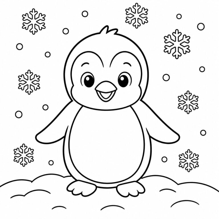 Pinguin im Schnee – Ausmalbild zum Ausdrucken