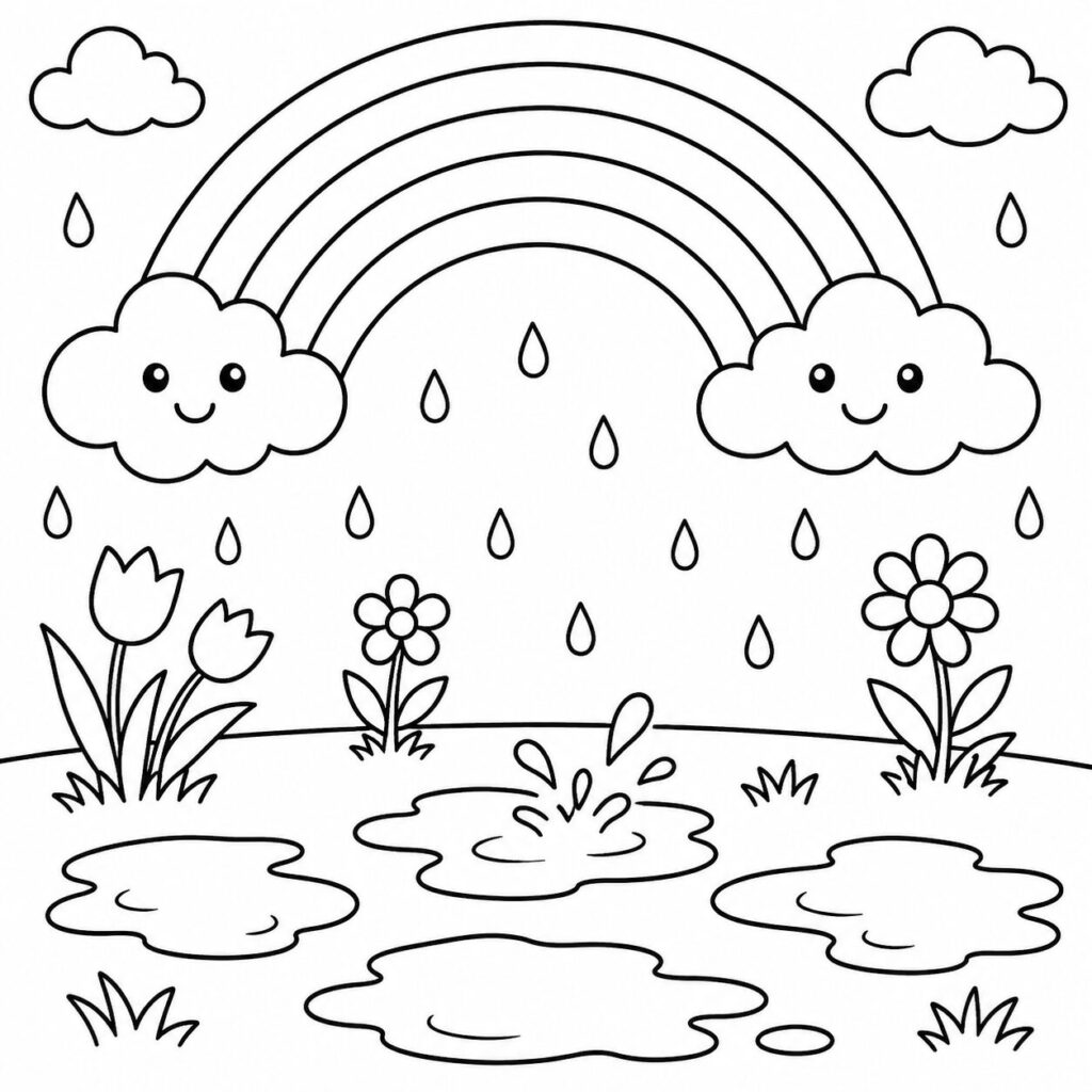 Regenbogen im Frühlingsregen – Ausmalbild zum Ausdrucken