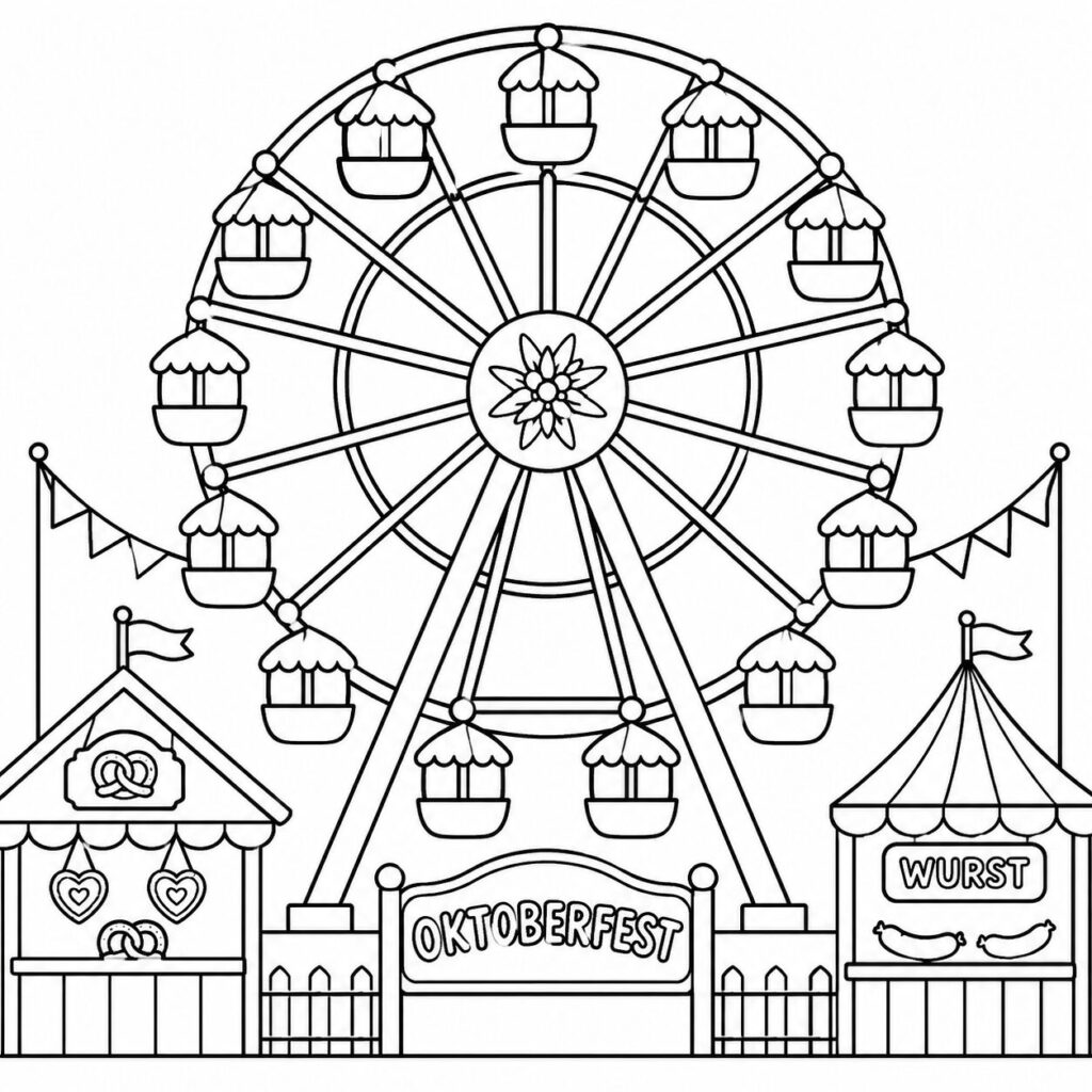 Riesenrad auf dem Oktoberfest – Ausmalbild zum Ausdrucken