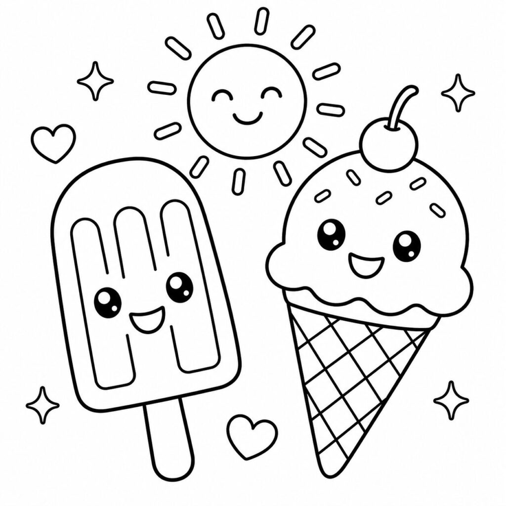 Eiswaffel und Eis am Stiel – Ausmalbild zum Ausdrucken
