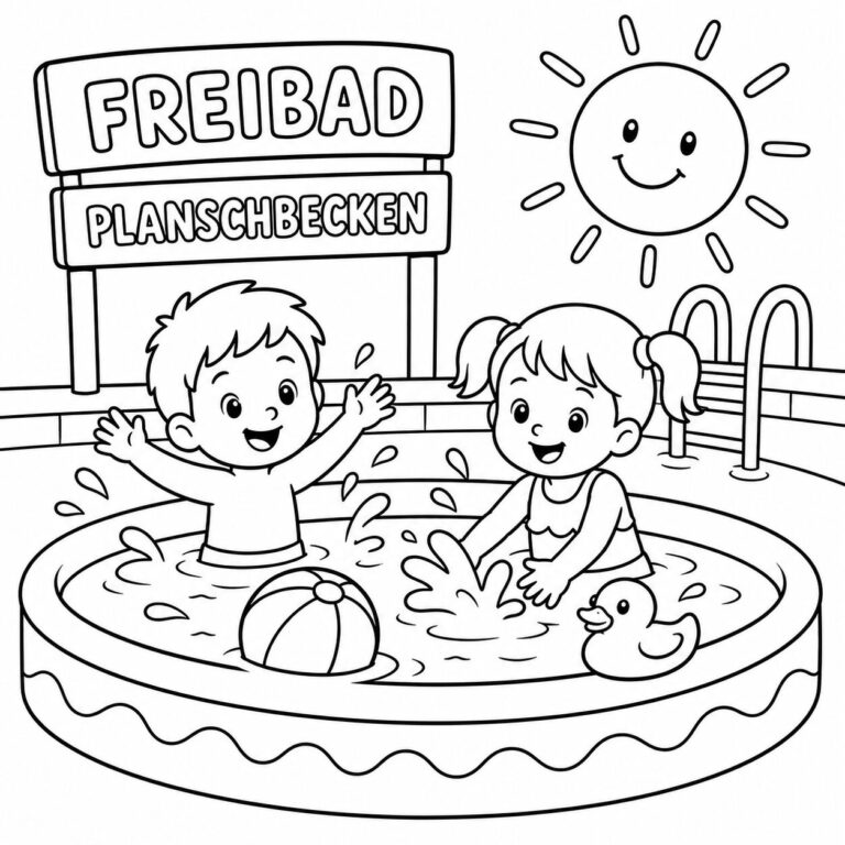 Planschbecken im Freibad – Ausmalbild zum Ausdrucken