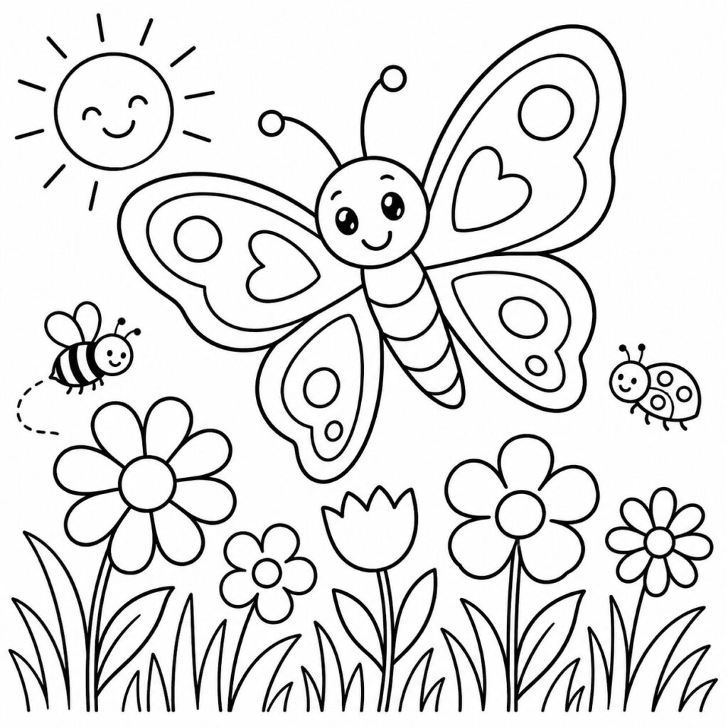 Schmetterling über Sommerblumen – Ausmalbild zum Ausdrucken