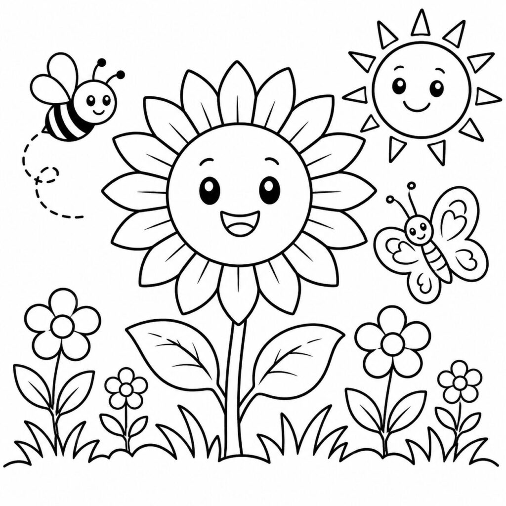 Sonnenblume im Garten – Ausmalbild zum Ausdrucken