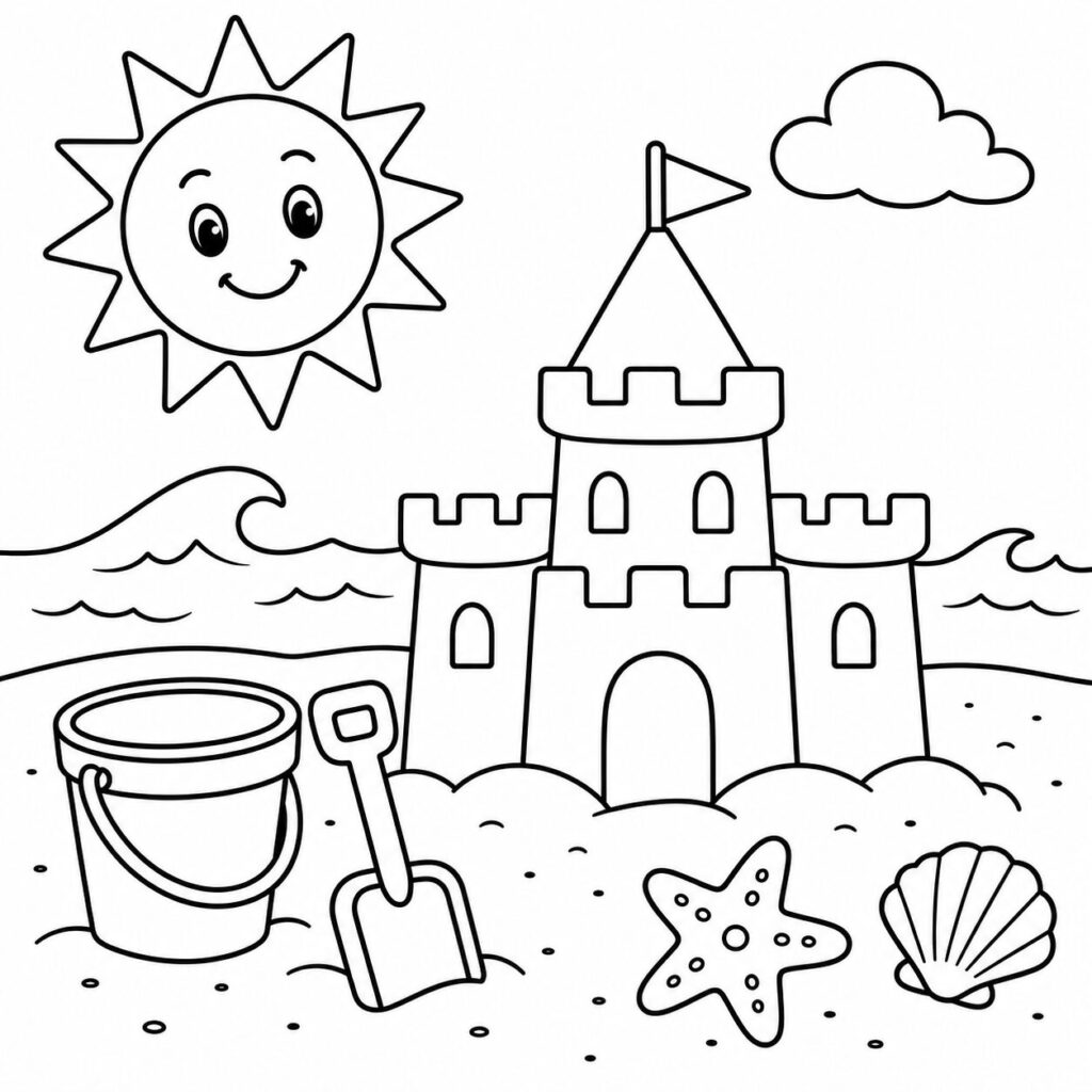 Sandburg am Strand – Ausmalbild zum Ausdrucken