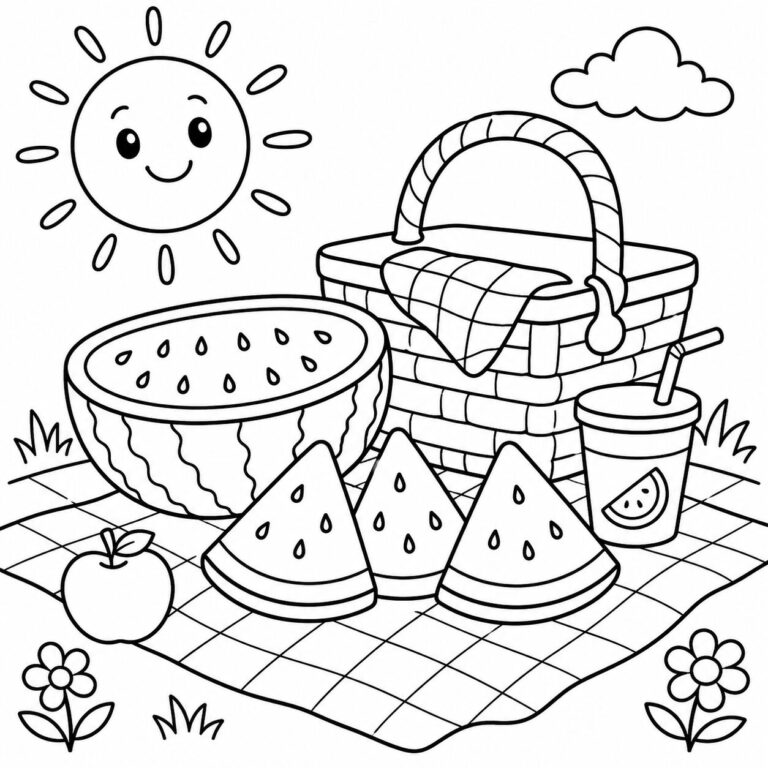 Wassermelone beim Picknick – Ausmalbild zum Ausdrucken