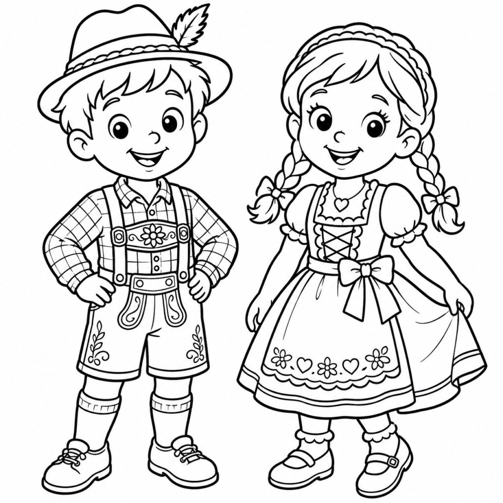 Dirndl und Lederhose – Ausmalbild zum Ausdrucken