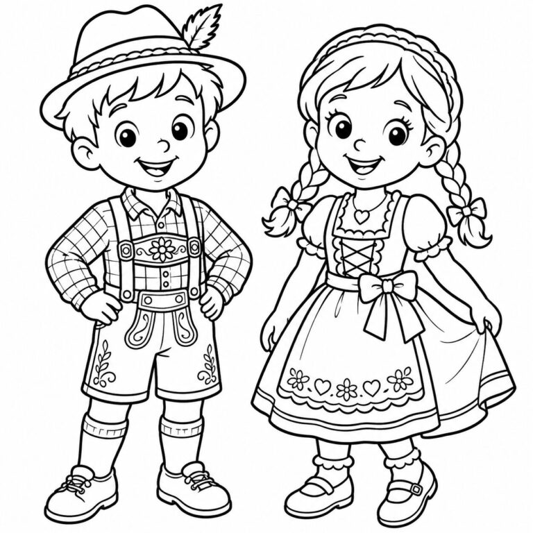 Dirndl und Lederhose – Ausmalbild zum Ausdrucken