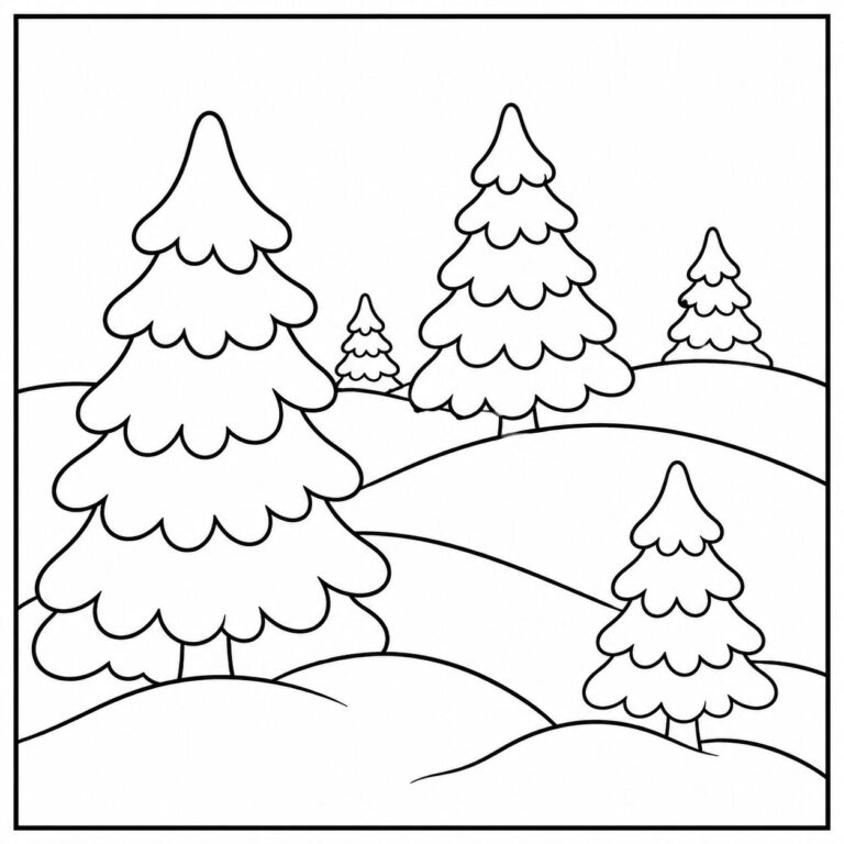Winterlandschaft mit Tannen – Ausmalbild zum Ausdrucken