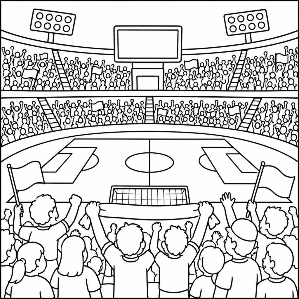 Fans im Fußballstadion – Ausmalbild zum Ausdrucken