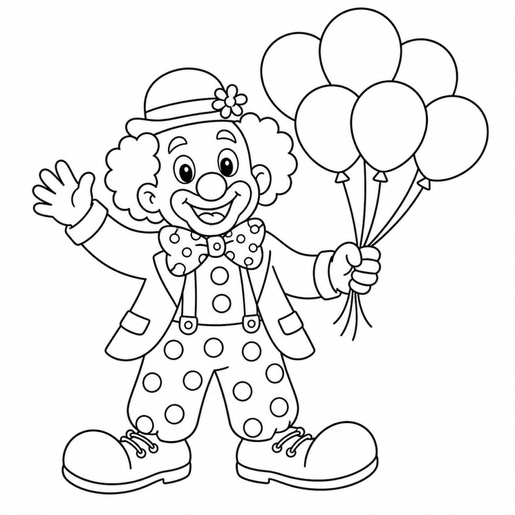 Clown mit Luftballons – Ausmalbild zum Ausdrucken