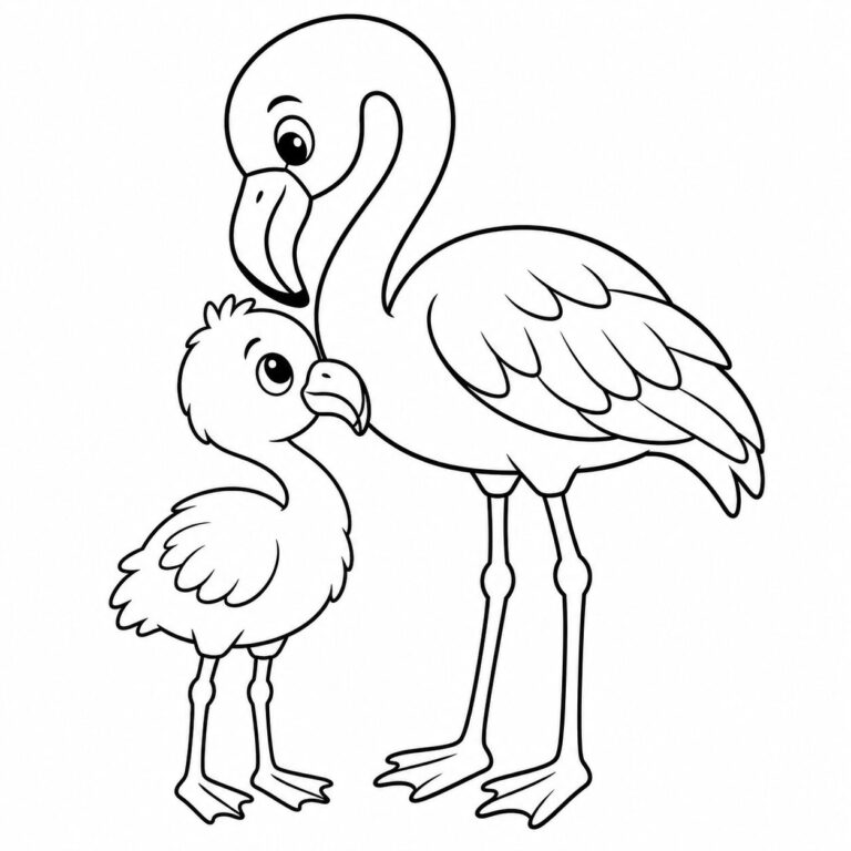 Flamingobaby mit Elternteil – Ausmalbild zum Ausdrucken