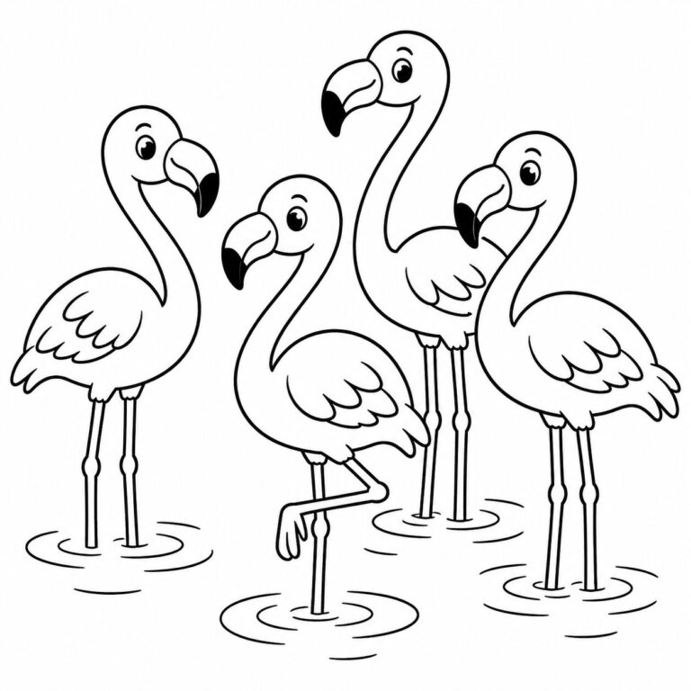 Flamingogruppe am See – Ausmalbild zum Ausdrucken
