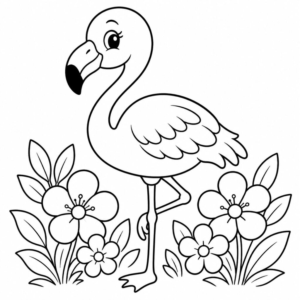 Süßer Flamingo mit Blumen – Ausmalbild zum Ausdrucken