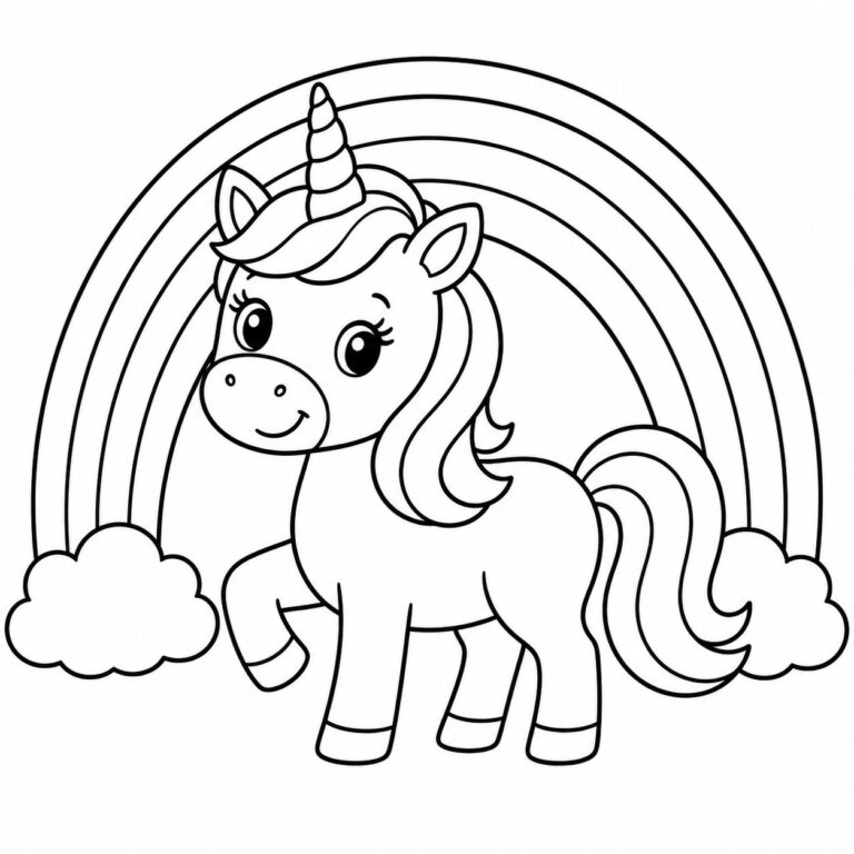 Einhorn vor dem Regenbogen – Ausmalbild zum Ausdrucken