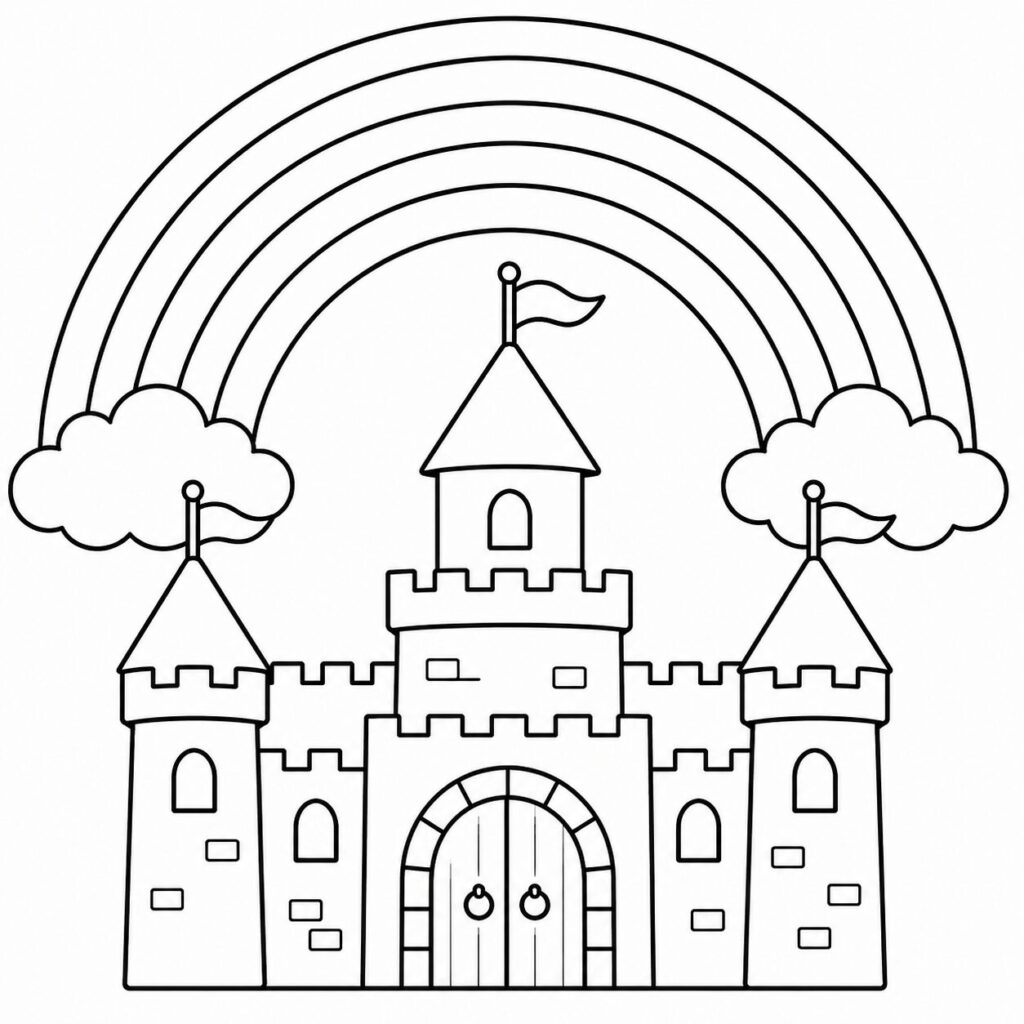 Regenbogen über dem Schloss – Ausmalbild zum Ausdrucken