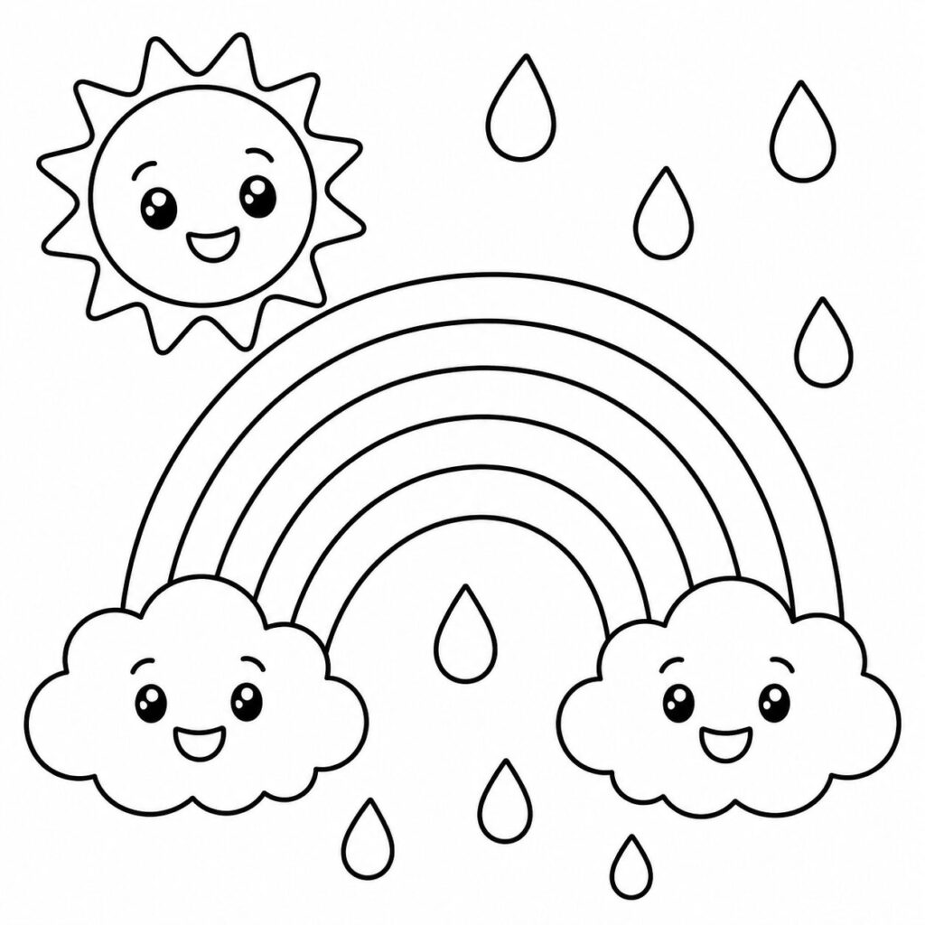 Regenbogen bei Sonne und Regen – Ausmalbild zum Ausdrucken