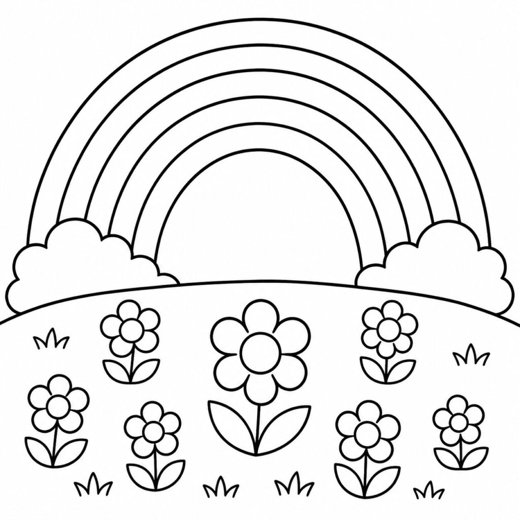 Regenbogen über der Blumenwiese – Ausmalbild zum Ausdrucken