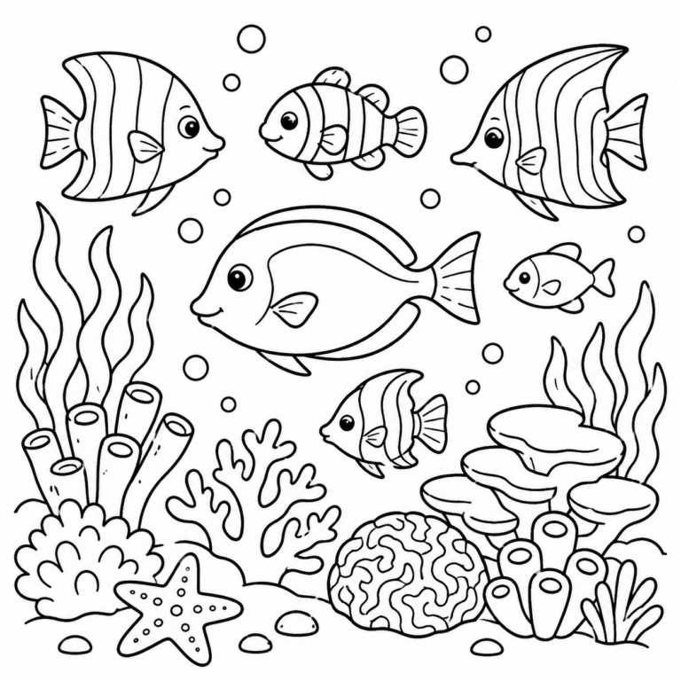 Fische am Korallenriff – Ausmalbild zum Ausdrucken