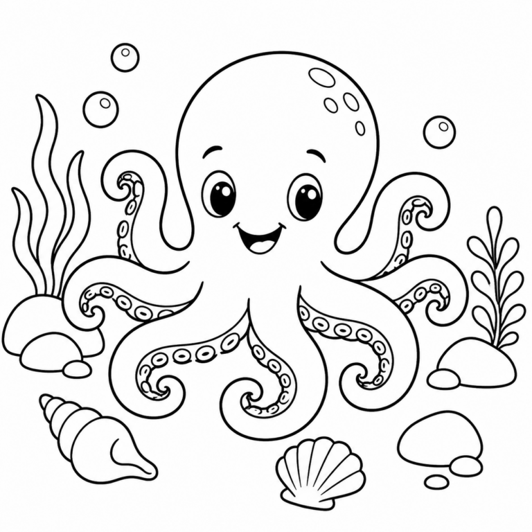 Oktopus auf dem Meeresgrund – Ausmalbild zum Ausdrucken