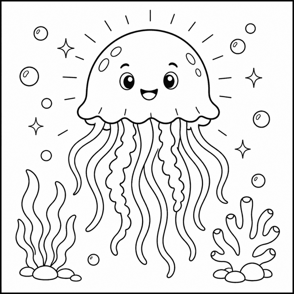 Leuchtende Qualle in der Tiefsee – Ausmalbild zum Ausdrucken