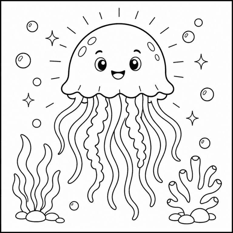 Leuchtende Qualle in der Tiefsee – Ausmalbild zum Ausdrucken