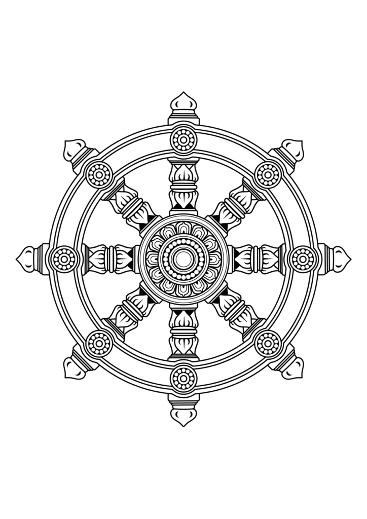 Ornate Dharma Wheel Line Art Buddha Buddhism Decorative Dharma Ethics Hinduism Line Art Morality Ornate Religion Wheel – Ausmalbild zum Ausdrucken
